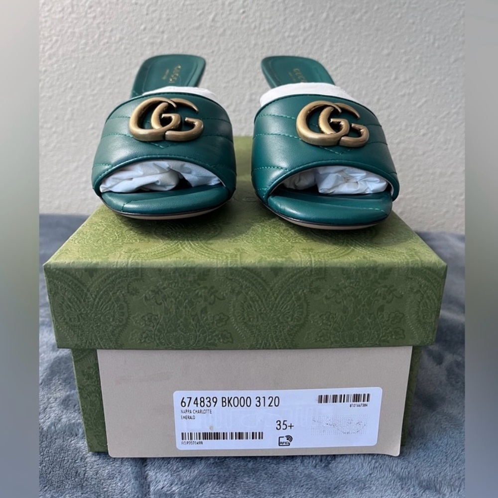 Brand New Gucci women’s GG Marmot Matelasse Heels Green leather size 35,5 - Picture 4 of 8